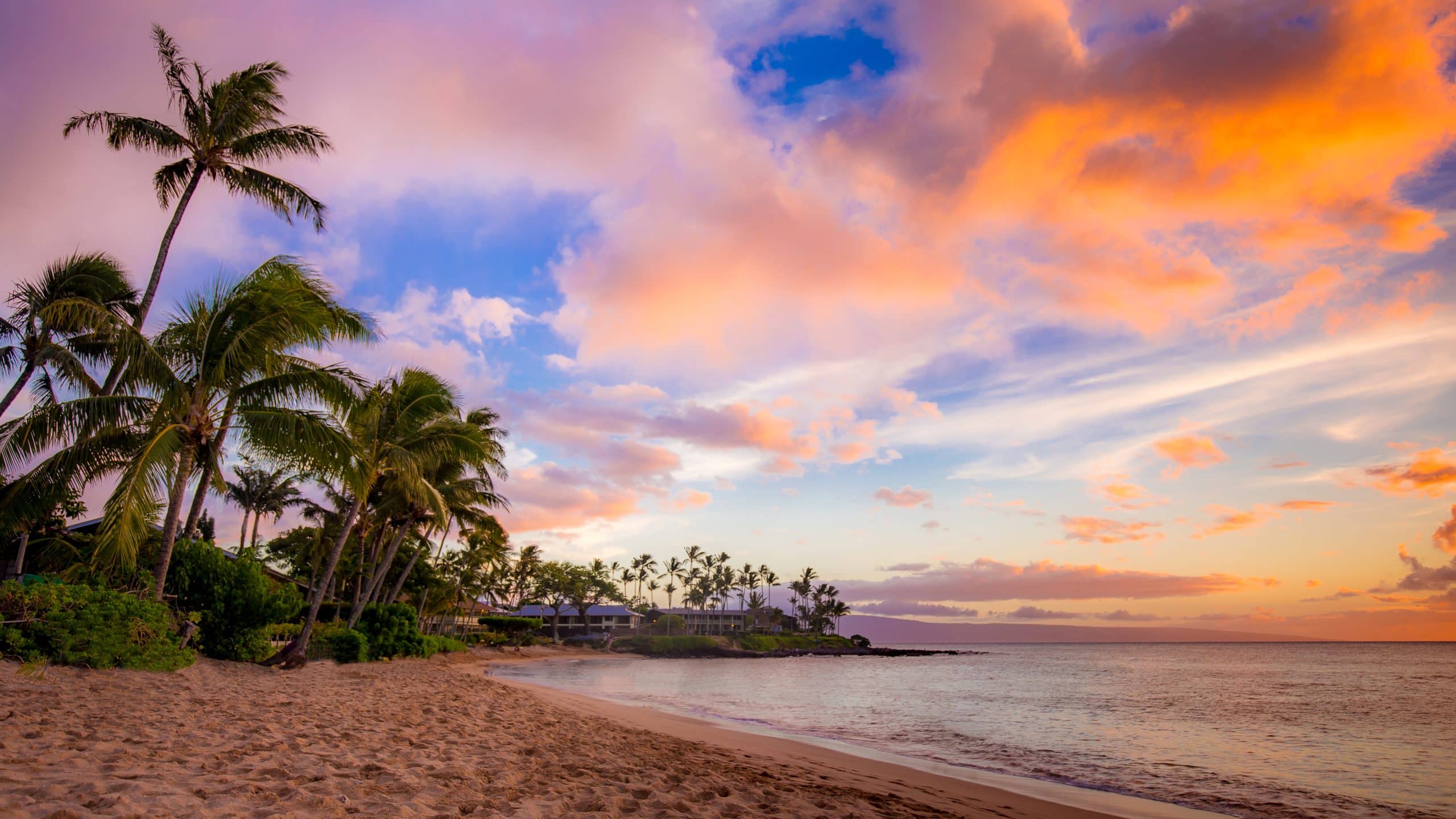 Strand met palmbomen bij zonsondergang op Maui, Hawaii